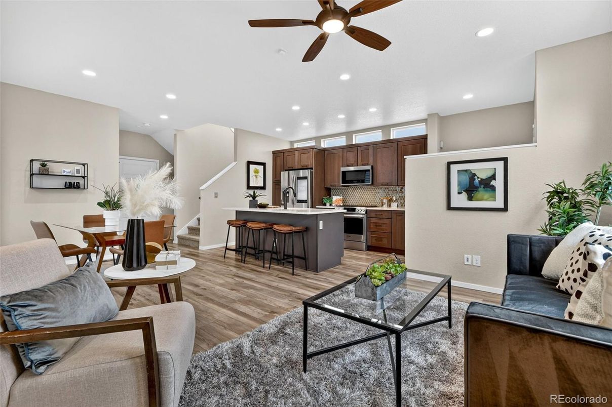 Dining room, Interior, Kitchen, Recessed Lighting, Stainless Steel Appliances, Wood Texture Flooring