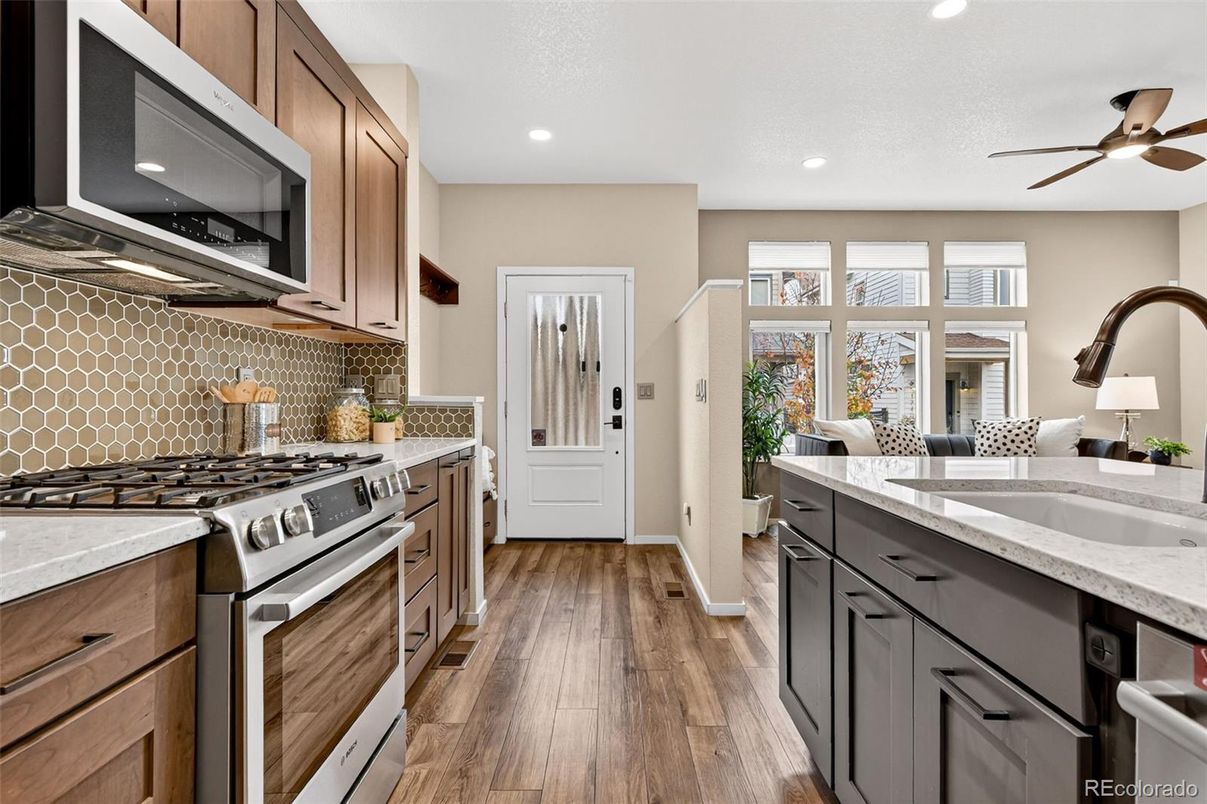 Interior, Kitchen, Recessed Lighting, Stainless Steel Appliances, Wood Texture Flooring