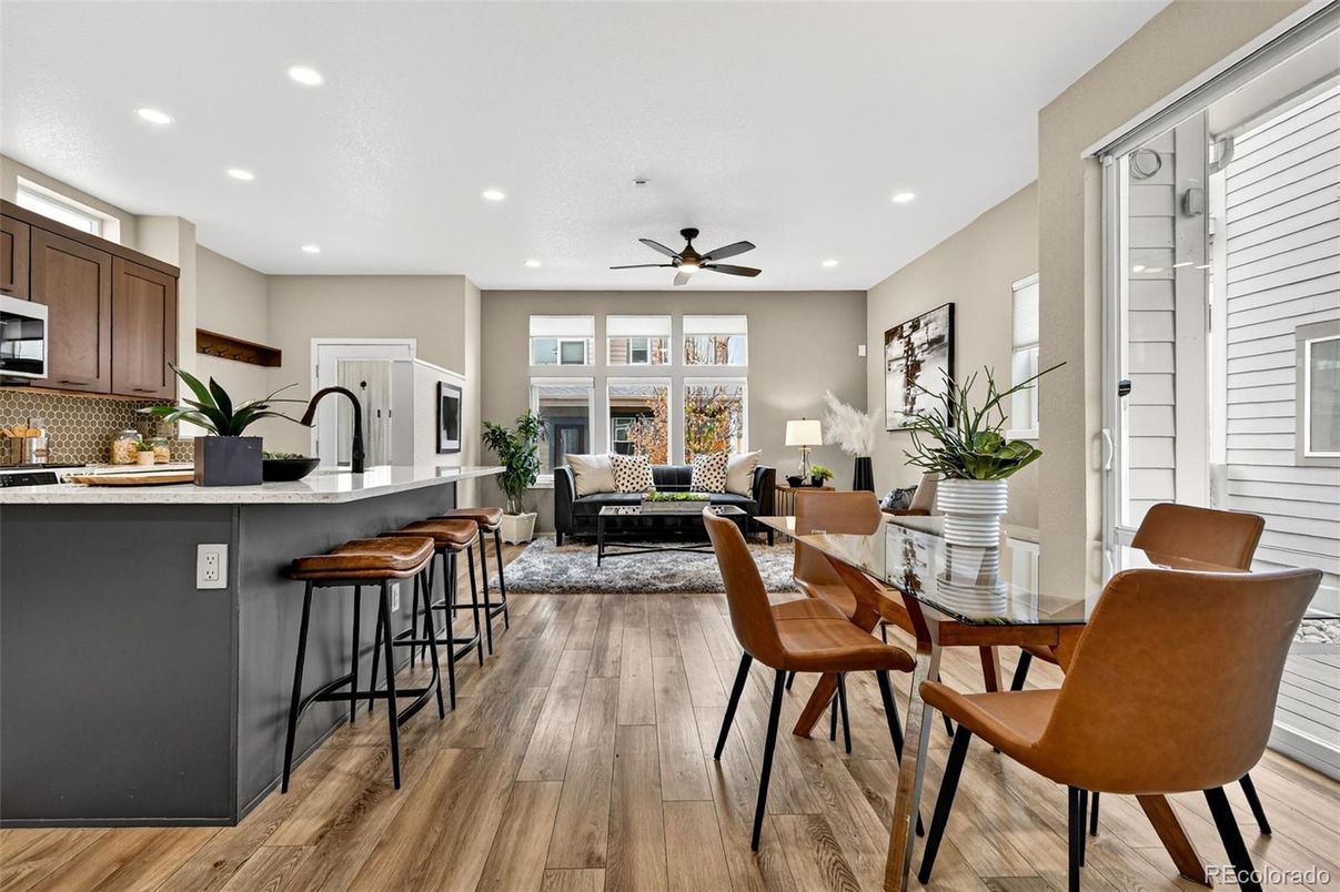 Dining room, Interior, Kitchen, Living room, Recessed Lighting, Wood Texture Flooring