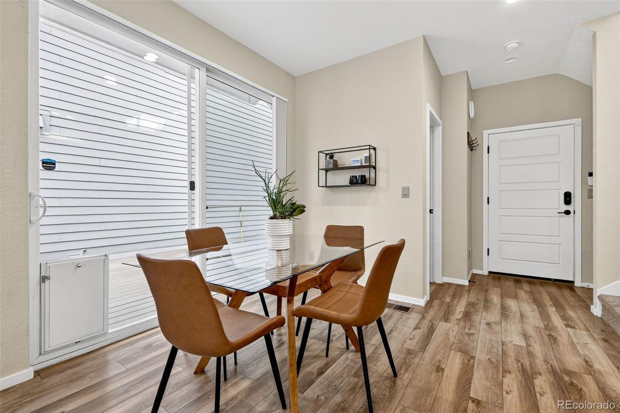 Dining room, Interior, Recessed Lighting, Wood Texture Flooring