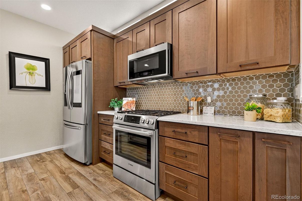 Interior, Kitchen, Recessed Lighting, Stainless Steel Appliances, Wood Texture Flooring