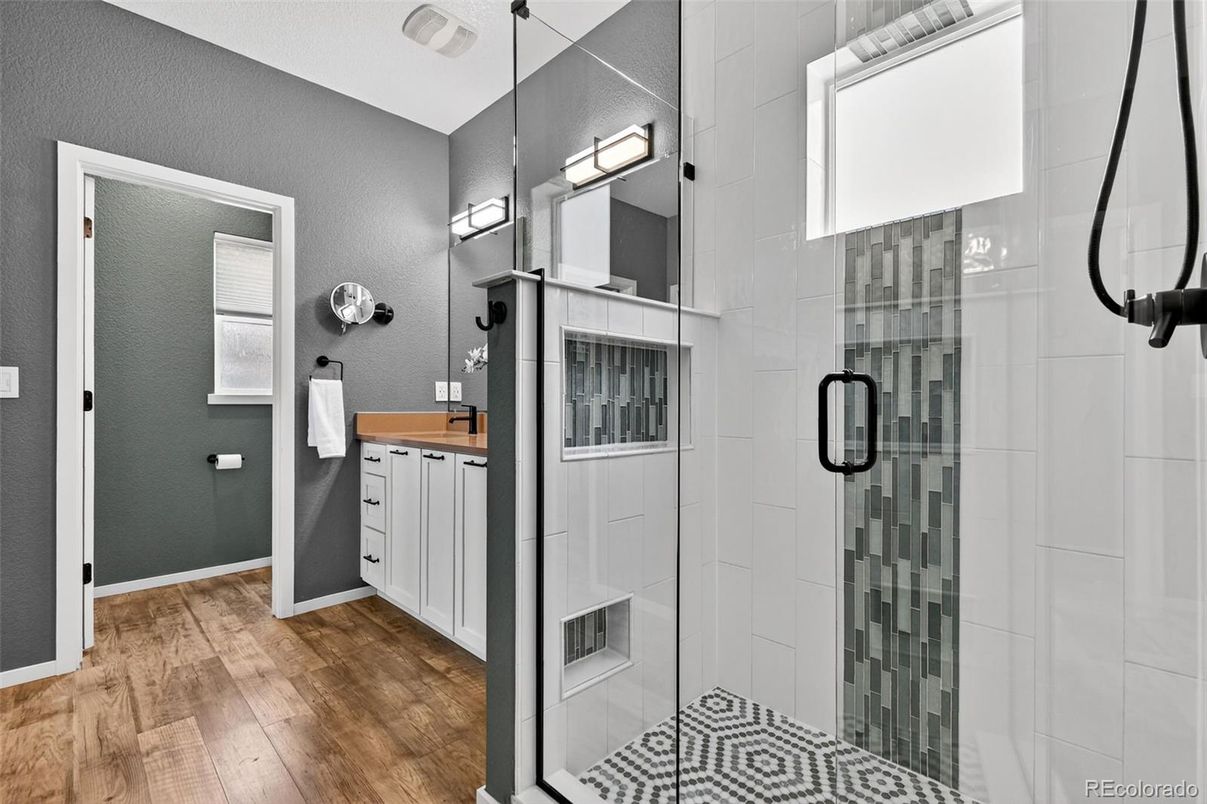 Bathroom, Glass Shower, Interior, Wood Texture Flooring