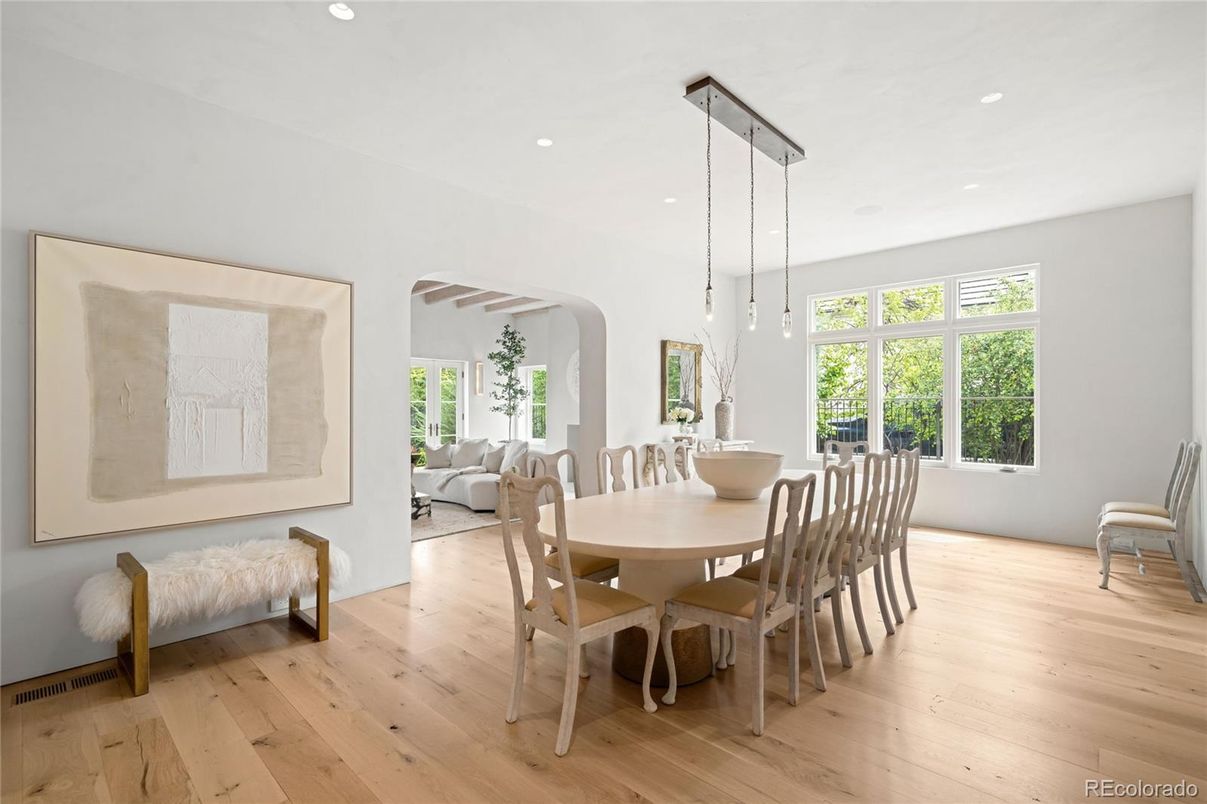 Dining room, Interior, Pendant Lights, Recessed Lighting, Wood Texture Flooring