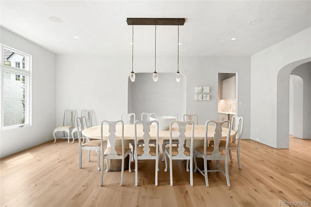 Dining room, Interior, Pendant Lights, Recessed Lighting, Wood Texture Flooring