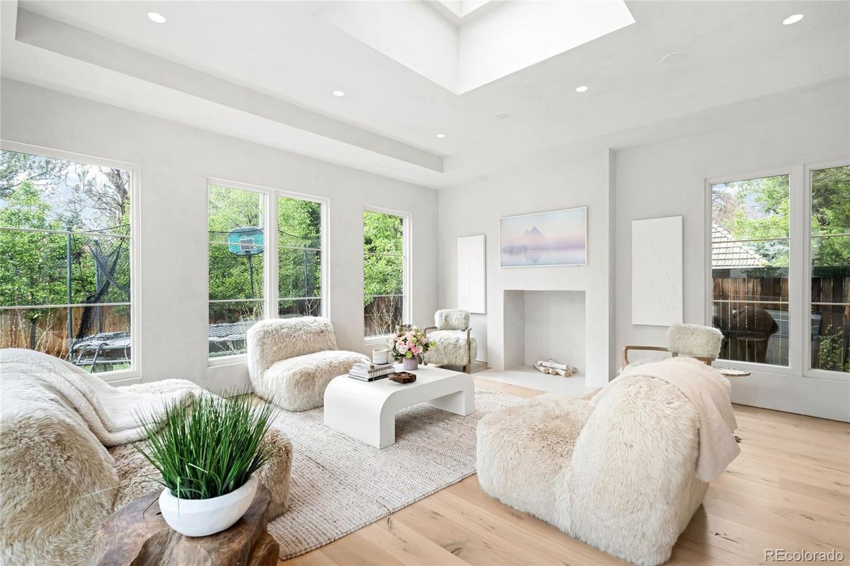 Fireplace, Interior, Living room, Recessed Lighting, Wood Texture Flooring