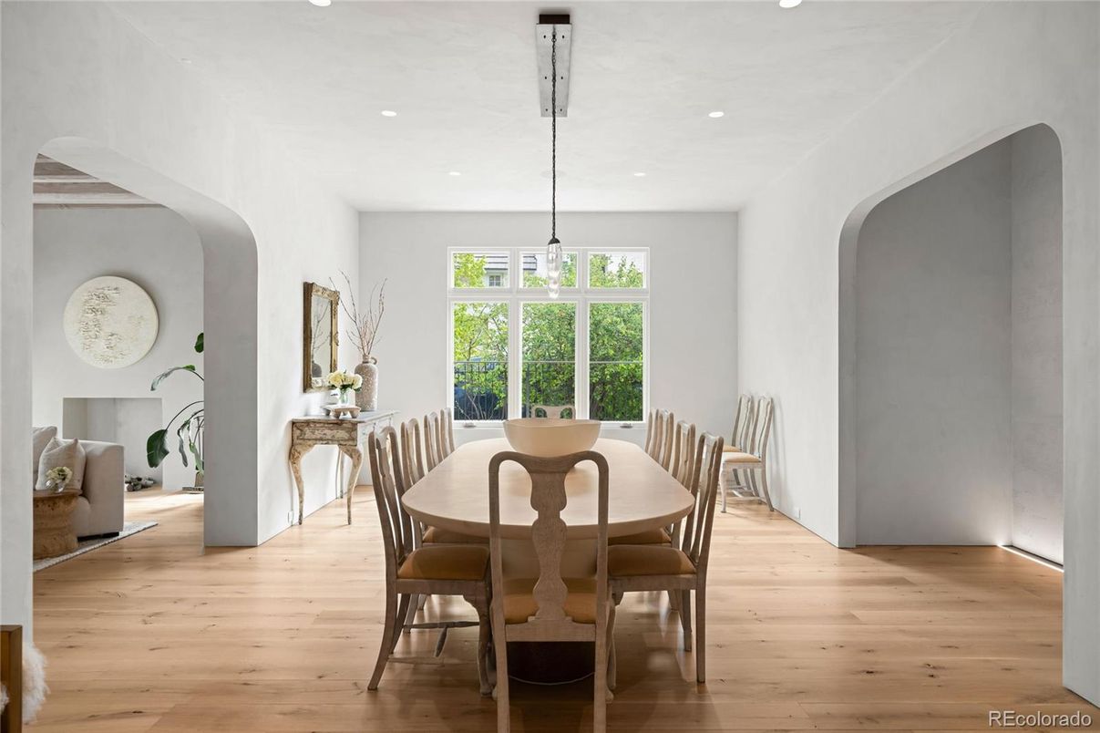 Dining room, Interior, Pendant Lights, Recessed Lighting, Wood Texture Flooring
