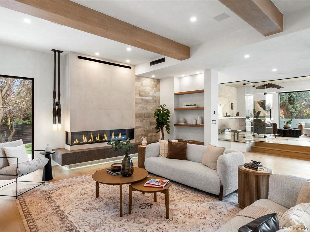 Fireplace, Interior, Living room, Recessed Lighting, Stone Walls, Wooden Beams, Wood Texture Flooring