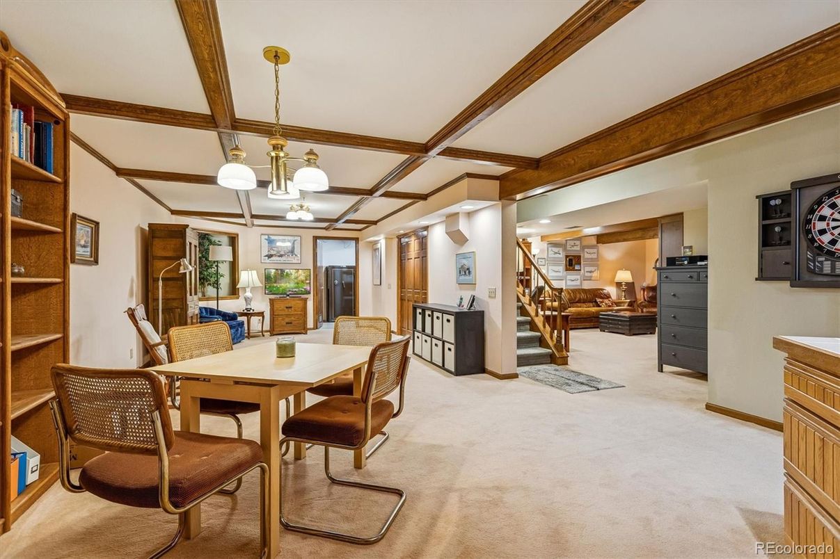 Chandelier, Dining room, Interior, Pendant Lights, Wooden Beams