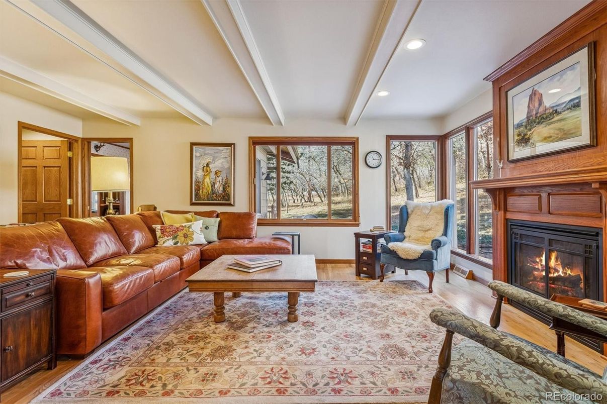 Fireplace, Interior, Living room, Recessed Lighting, Wood Texture Flooring