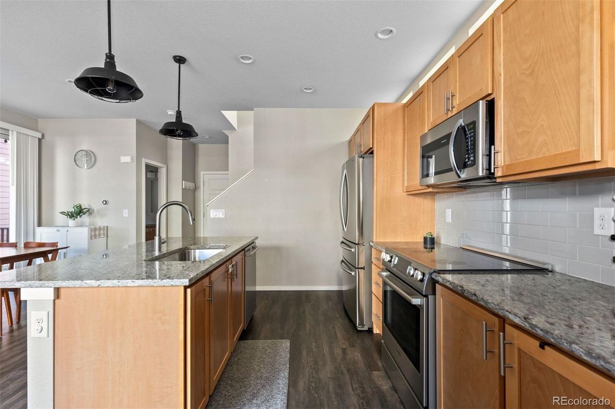 Interior, Kitchen, Pendant Lights, Recessed Lighting, Stainless Steel Appliances, Wood Texture Flooring