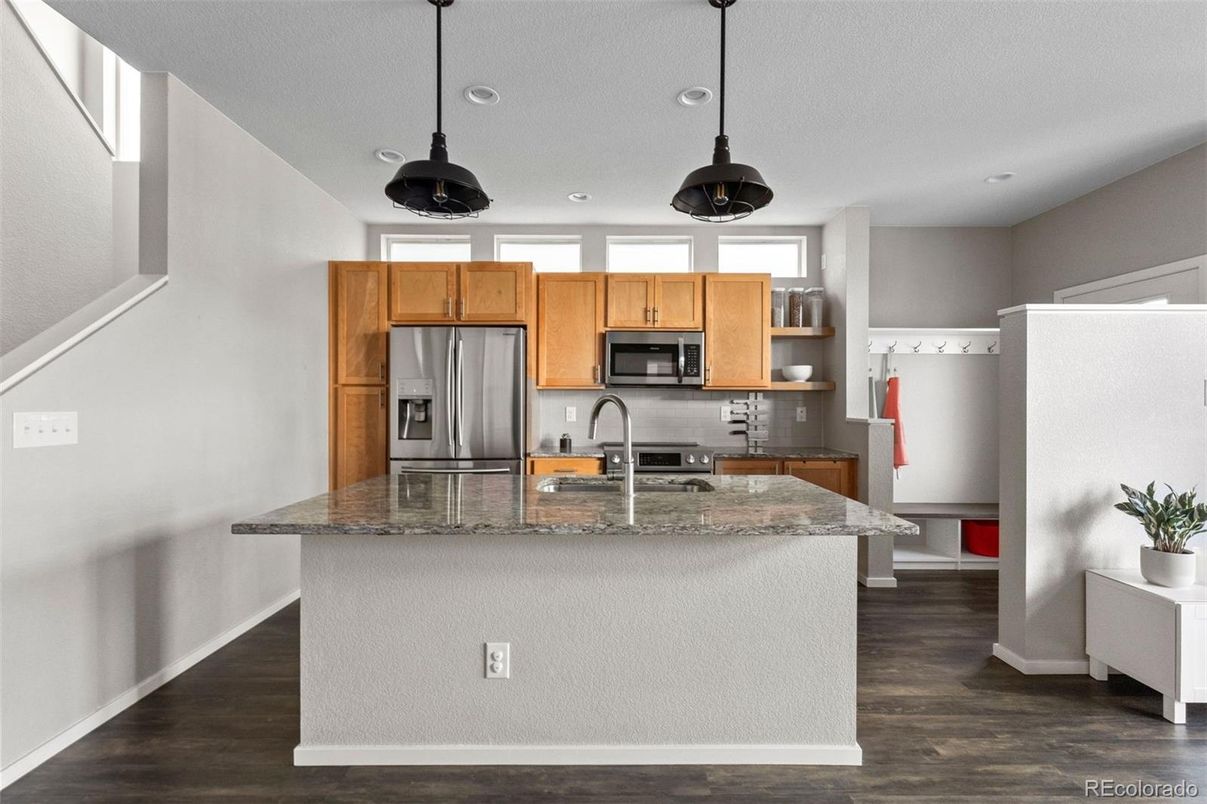 Interior, Kitchen, Pendant Lights, Recessed Lighting, Stainless Steel Appliances, Wood Texture Flooring
