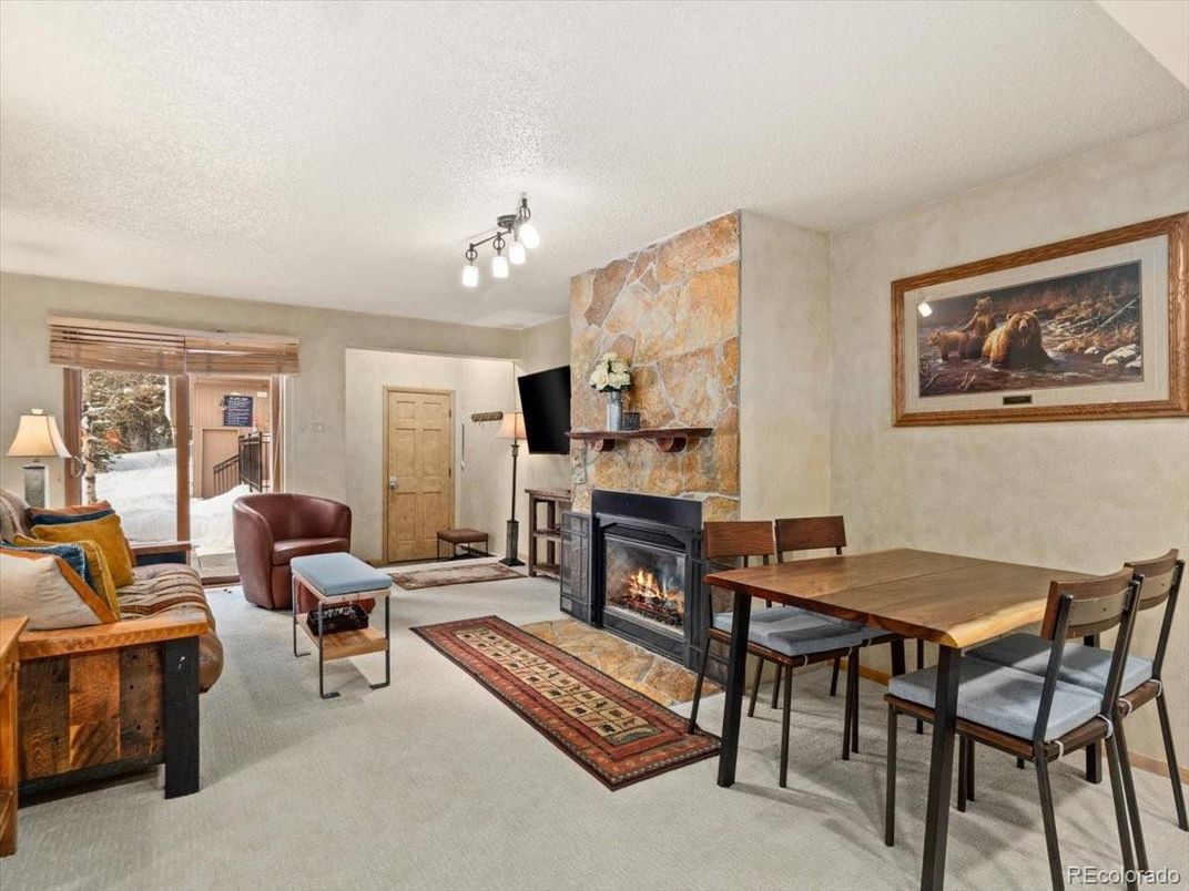 Dining room, Fireplace, Interior, Living room, Stone Walls