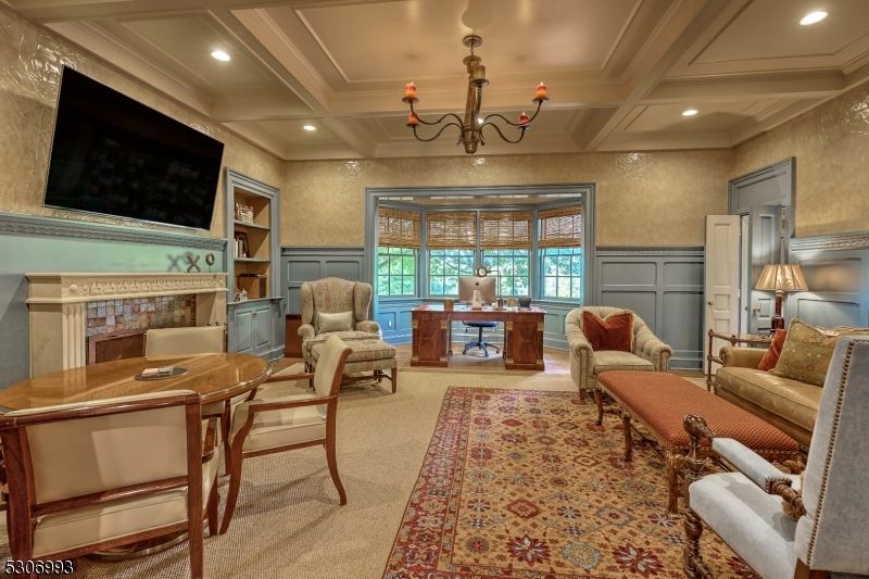 Chandelier, Fireplace, Home Office, Interior, Living room, Recessed Lighting