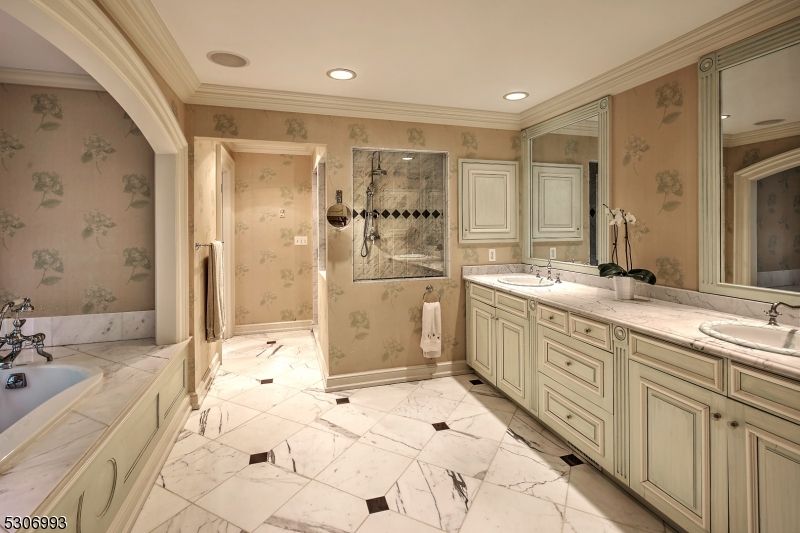Bathroom, Dual Sink Vanities, Glass Shower, Interior, Marble, Recessed Lighting