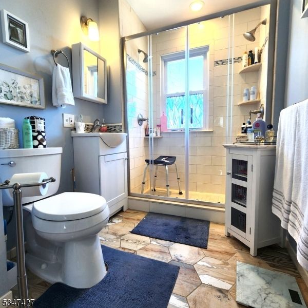Bathroom, Glass Shower, Interior, Recessed Lighting, Wood Texture Flooring