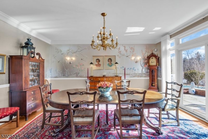 Chandelier, Dining room, Interior, Wood Texture Flooring