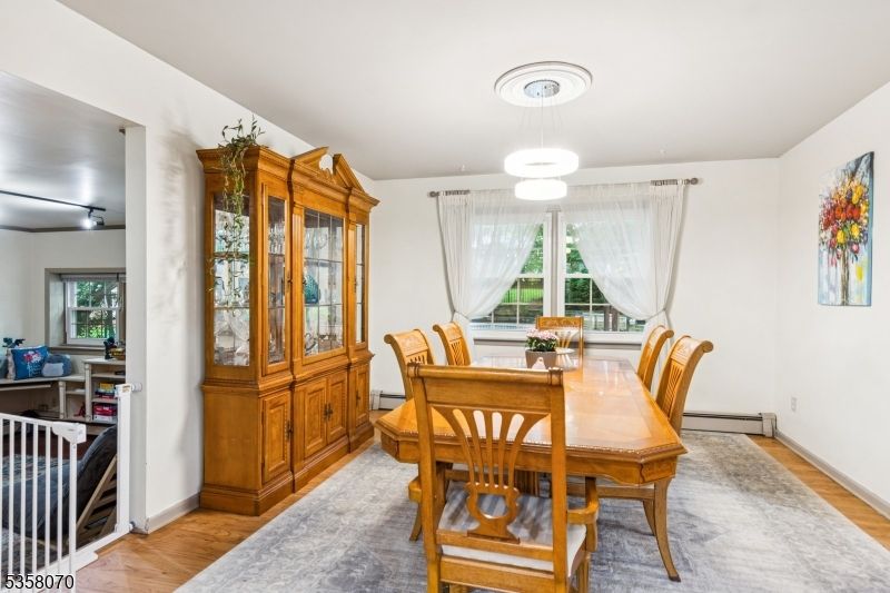 Dining room, Interior, Pendant Lights, Wood Texture Flooring