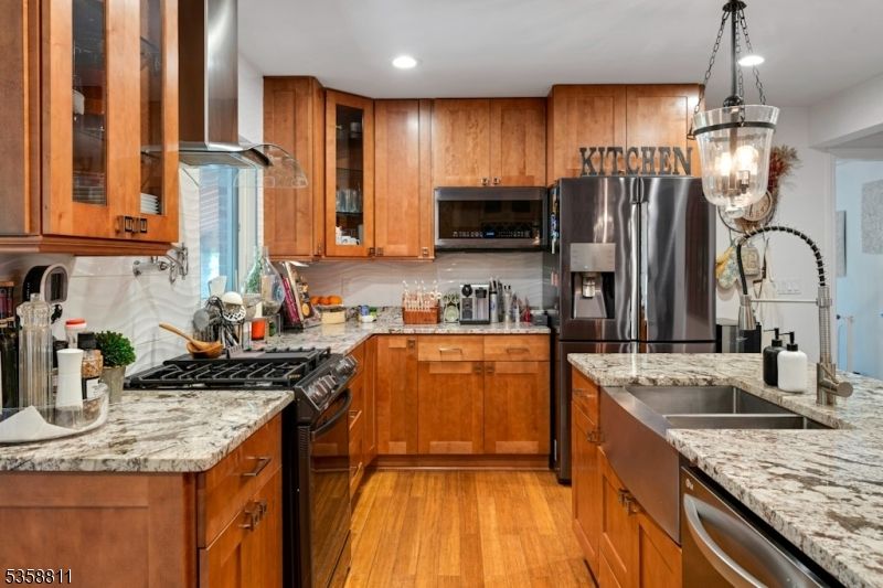 Interior, Kitchen, Pendant Lights, Recessed Lighting, Stainless Steel Appliances, Wood Texture Flooring