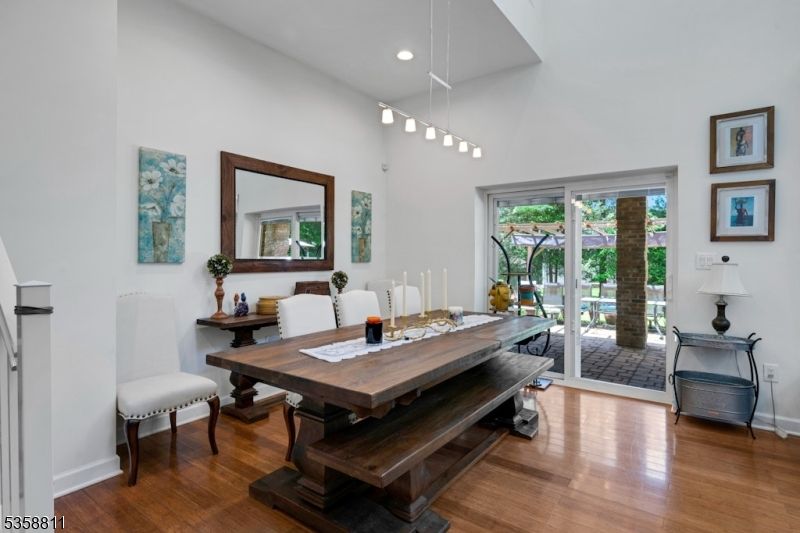 Dining room, Interior, Pendant Lights, Recessed Lighting, Wood Texture Flooring
