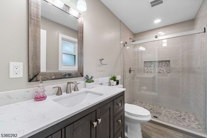Bathroom, Glass Shower, Interior, Recessed Lighting, Wood Texture Flooring