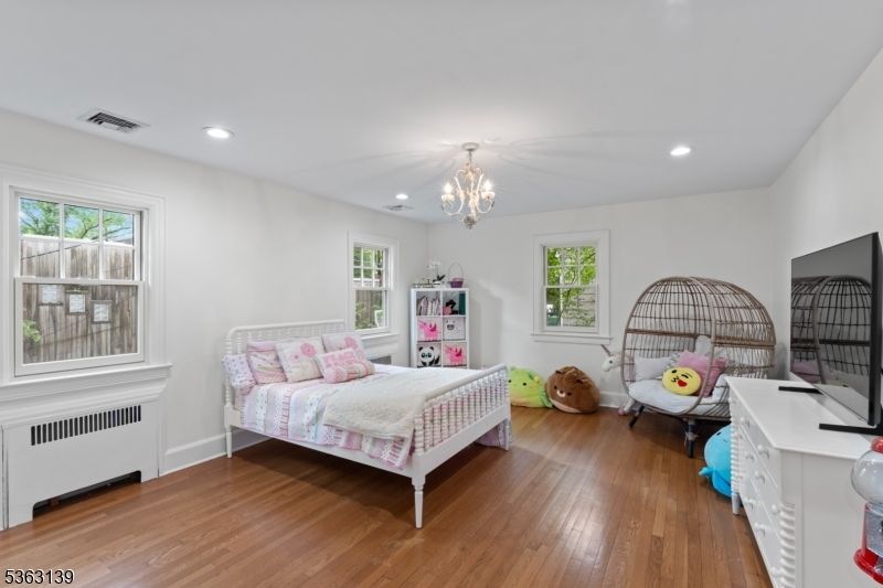 Bedroom, Chandelier, Interior, Recessed Lighting, Wood Texture Flooring