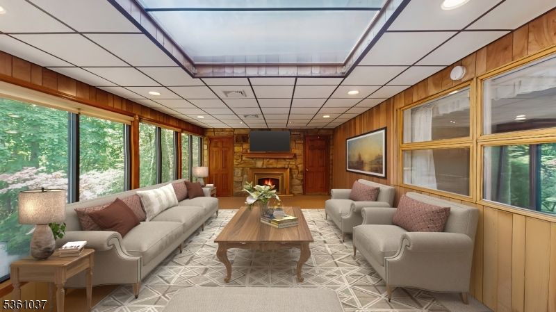 Fireplace, Interior, Living room, Recessed Lighting, Wooden Walls