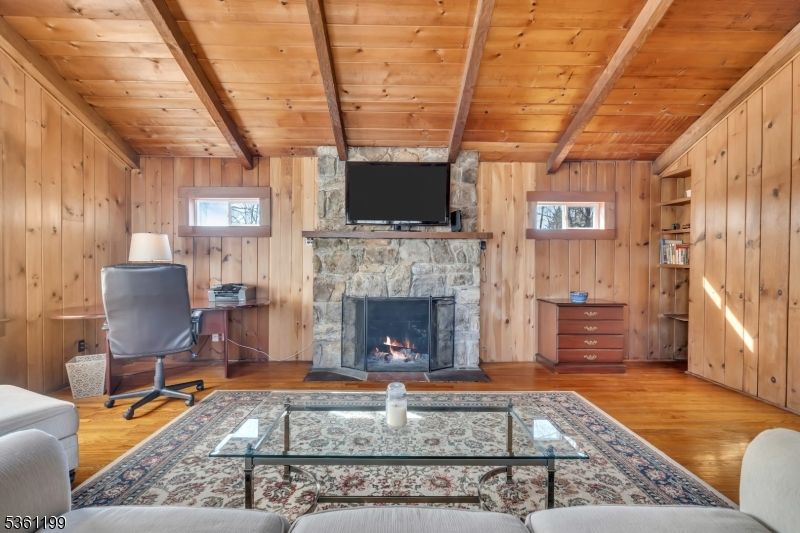 Fireplace, Home Office, Interior, Living room, Wooden Beams, Wooden Ceilings, Wood Texture Flooring, Wooden Walls