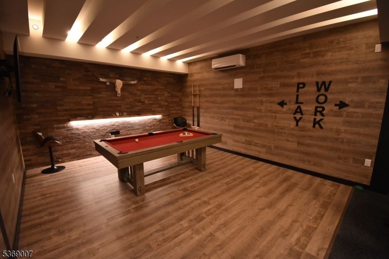 Billiard Table, Game Room, Interior, Stone Walls, Wood Texture Flooring, Wooden Walls