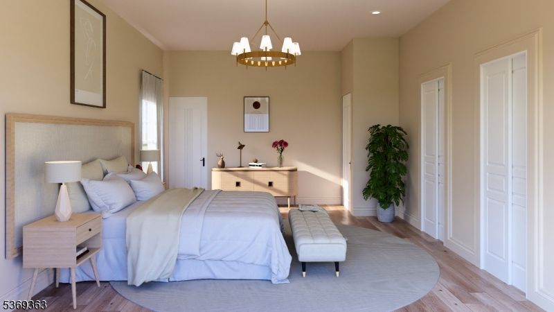 Bedroom, Chandelier, Interior, Recessed Lighting, Wood Texture Flooring