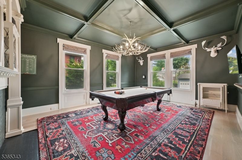 Billiard Table, Chandelier, Game Room, Interior, Wood Texture Flooring