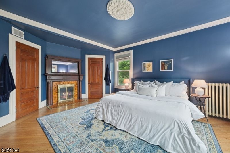 Bedroom, Fireplace, Interior, Wood Texture Flooring