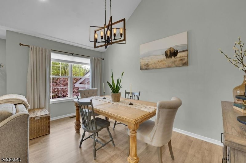 Dining room, Interior, Pendant Lights, Recessed Lighting, Wood Texture Flooring