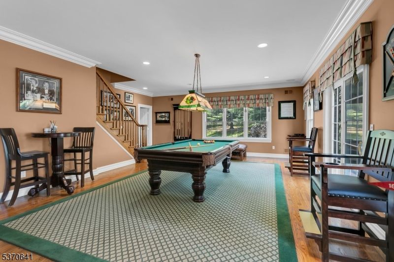 Billiard Table, Game Room, Interior, Pendant Lights, Recessed Lighting, Wood Texture Flooring