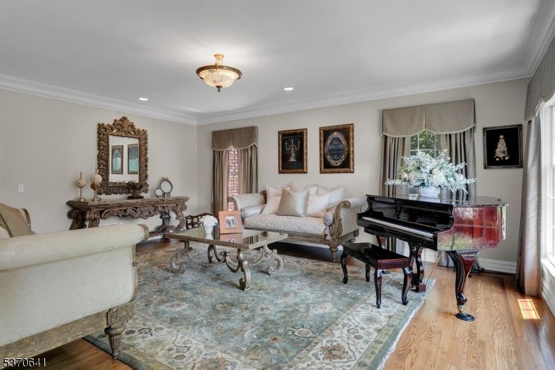 Interior, Living room, Piano, Recessed Lighting, Wood Texture Flooring