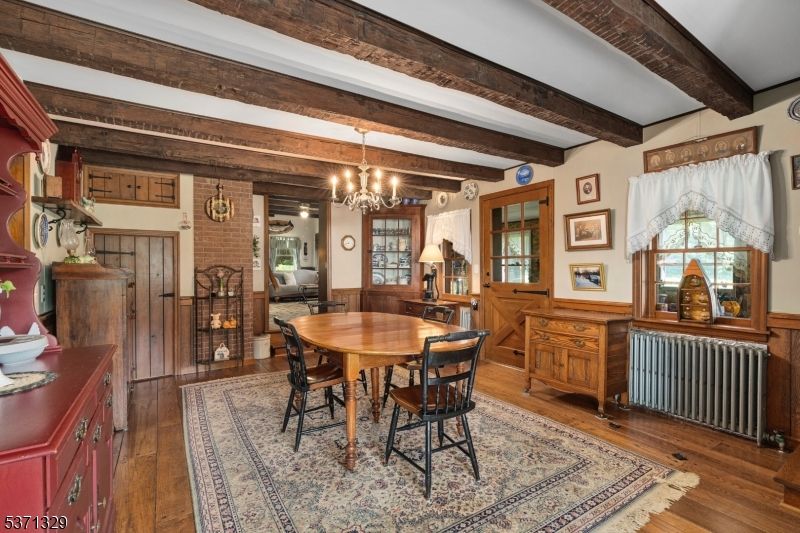 Chandelier, Dining room, Interior, Stone Walls, Wooden Beams, Wood Texture Flooring