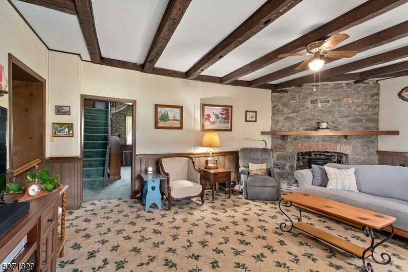 Fireplace, Interior, Living room, Stone Walls, Wooden Beams