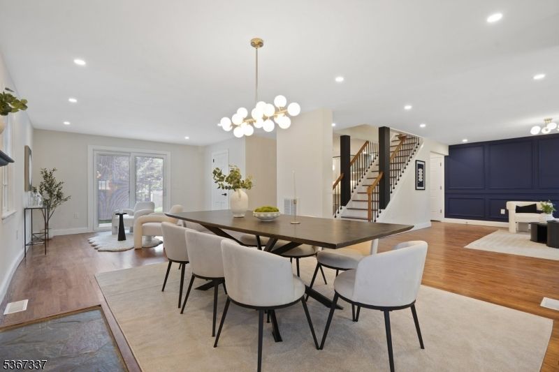 Dining room, Interior, Pendant Lights, Recessed Lighting, Wood Texture Flooring