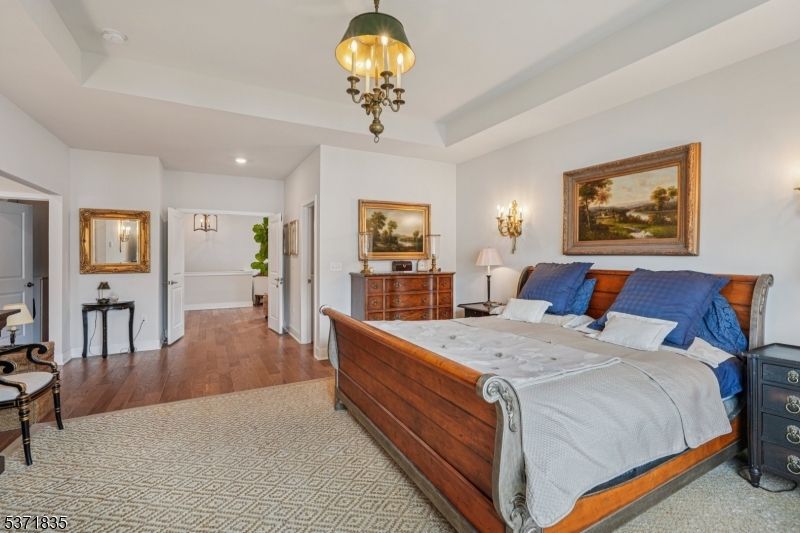 Bedroom, Chandelier, Interior, Recessed Lighting, Wood Texture Flooring