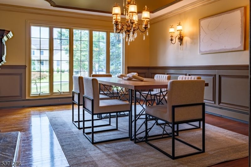 Chandelier, Dining room, Interior, Wood Texture Flooring