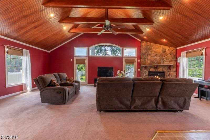 Fireplace, Interior, Living room, Recessed Lighting, Stone Walls, Wooden Beams, Wooden Ceilings