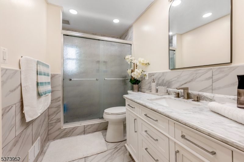 Bathroom, Glass Shower, Interior, Marble, Marble Walls, Recessed Lighting