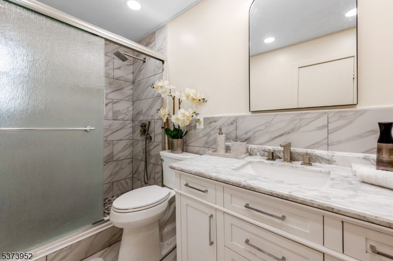 Bathroom, Glass Shower, Interior, Marble Walls, Recessed Lighting