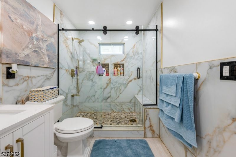 Bathroom, Glass Shower, Interior, Marble Walls, Recessed Lighting
