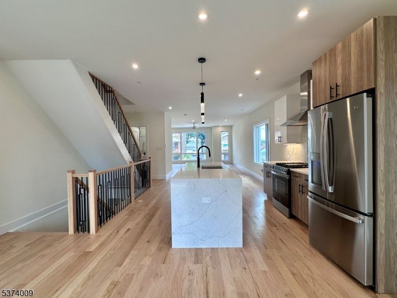 Interior, Kitchen, Pendant Lights, Recessed Lighting, Stainless Steel Appliances, Wood Texture Flooring