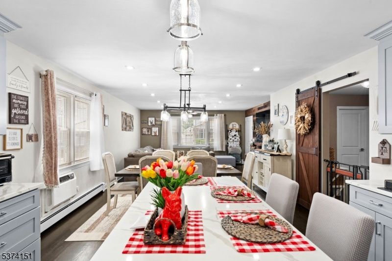 Dining room, Interior, Living room, Pendant Lights, Recessed Lighting, Wood Texture Flooring