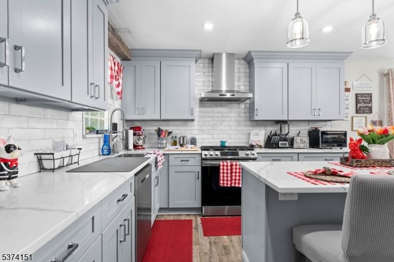 Interior, Kitchen, Pendant Lights, Recessed Lighting, Stainless Steel Appliances, Wood Texture Flooring