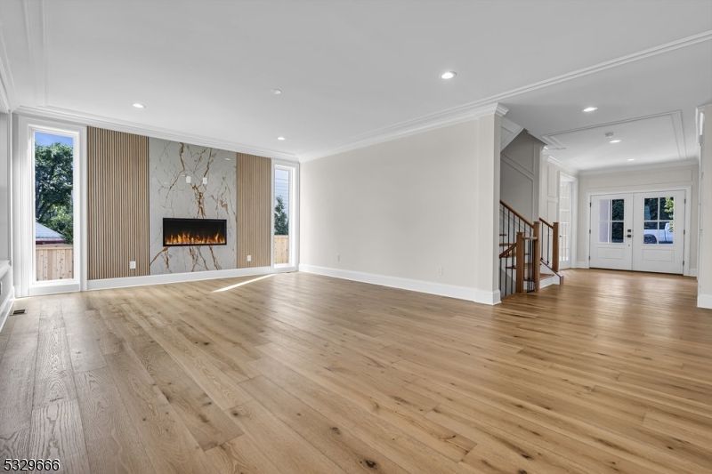 Empty room, Fireplace, Interior, Recessed Lighting, Wood Texture Flooring