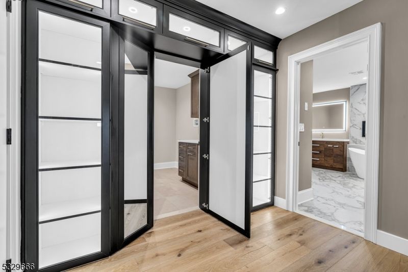 Bathroom, Interior, Marble, Marble Walls, Recessed Lighting, Wood Texture Flooring