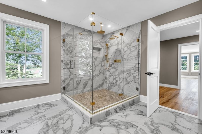 Bathroom, Glass Shower, Interior, Marble, Marble Walls, Recessed Lighting, Wood Texture Flooring