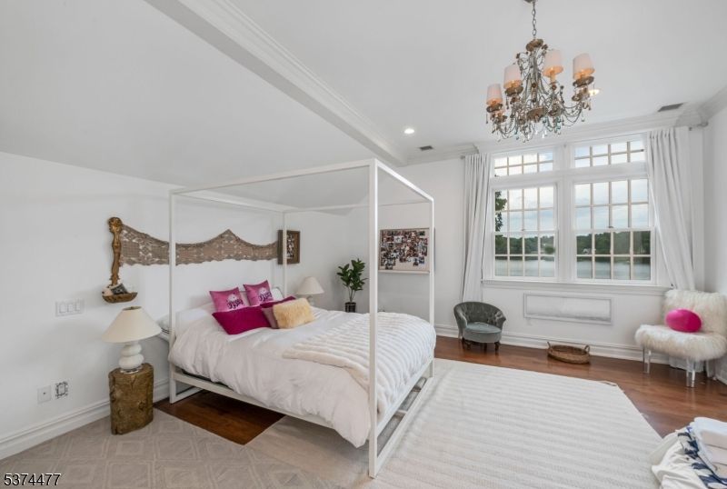 Bedroom, Chandelier, Interior, Recessed Lighting, Wood Texture Flooring